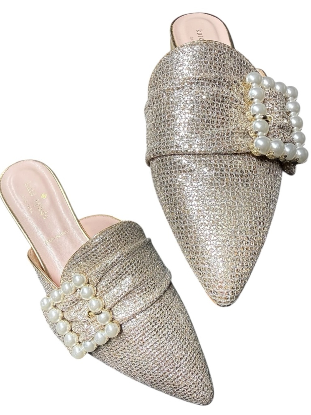 Kate Spade, Broadway, Gold Slip-Ons Pearl Buckle